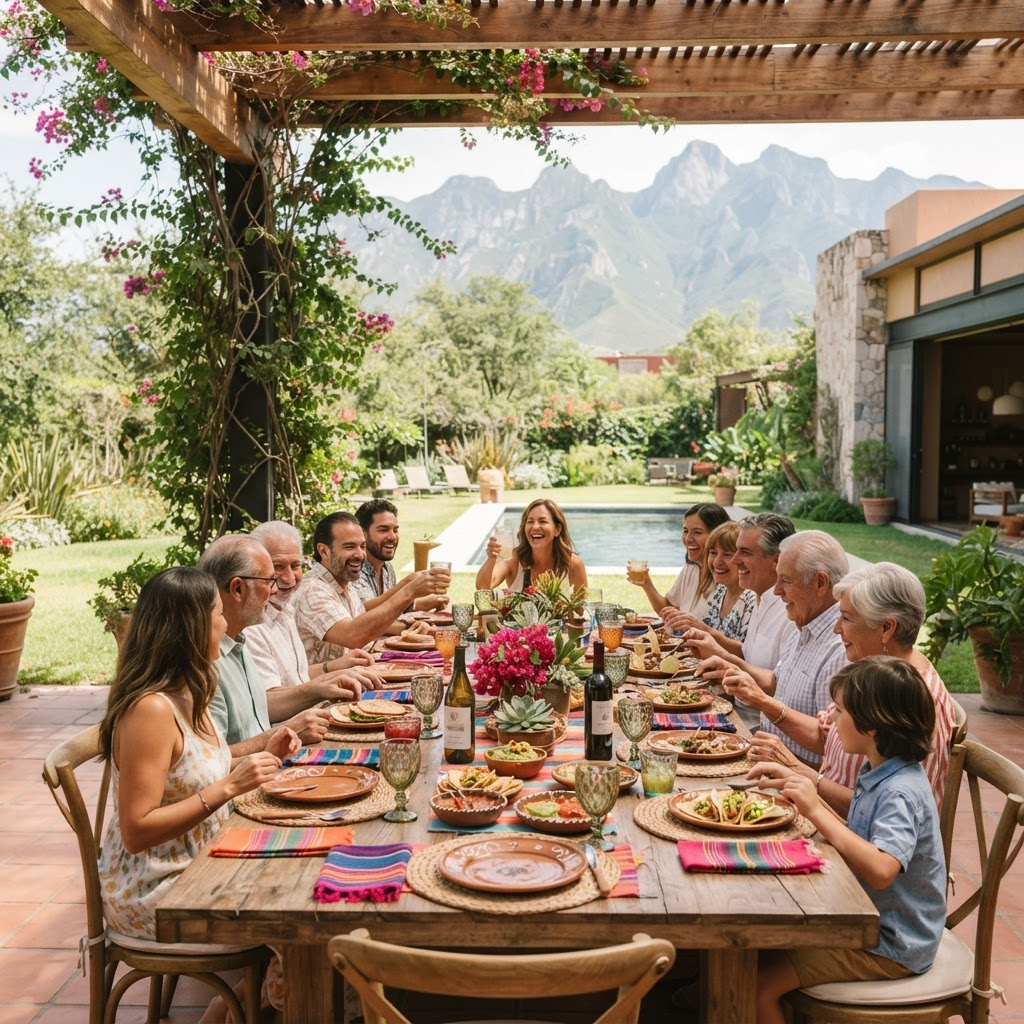 Reunión de amigos y familia en la terraza de una quinta
